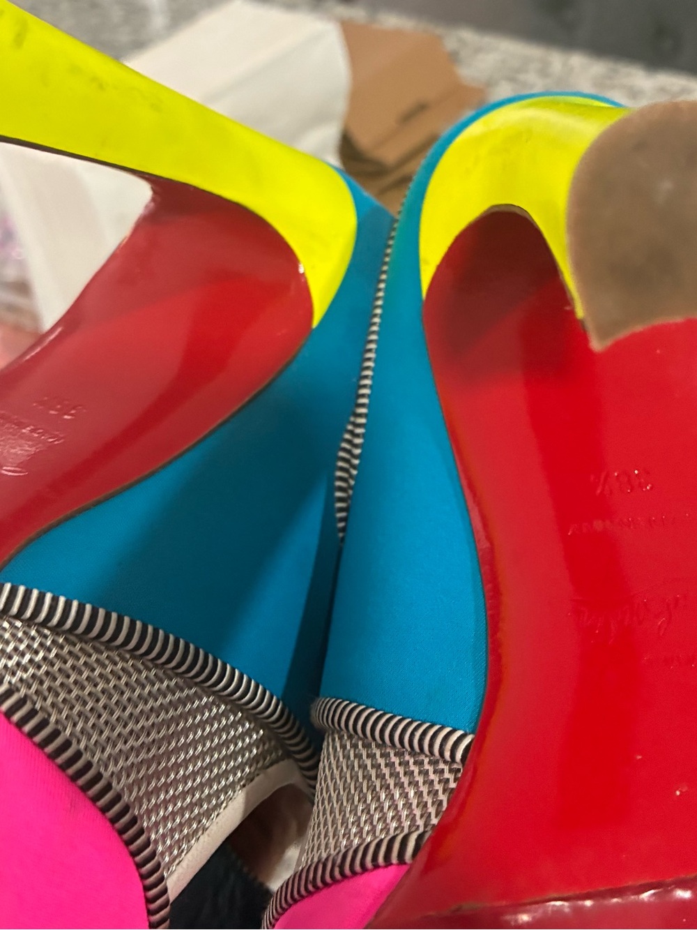 Christian Louboutin Bright Multi-Color Patent & Fabric Stiletto Pumps